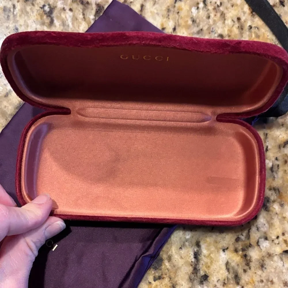 Gucci Velvet Eyewear Case in Deep Burgundy and Gucci purple dust bag